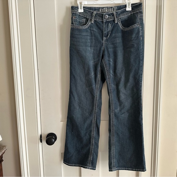 Hydraulic Jeans Boot Cut Relaxed Fit Dark Wash Feathered Bold Stitching sz 8P - Picture 3 of 16